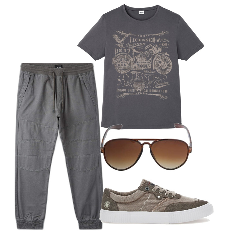 Outfit uomo - Trendissimo al parco. Stile Trendy per Tutti i giorni. Abbinamento con t-shirt, pantaloni, occhiali da sole, sneakers.