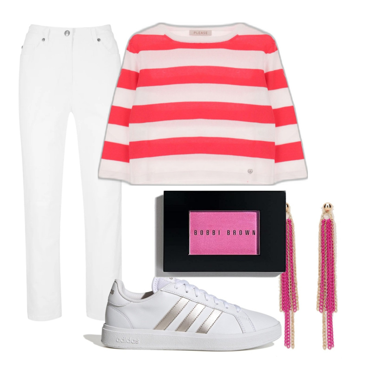 Outfit donna - La maglia a righe su pantaloni bianchi. Stile Casual per Scuola/Università. Abbinamento con pantaloni, maglieria, orecchini, sneakers, blush.