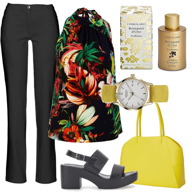 Outfit donna - Total look aperitivo. Stile Chic per Serata fuori. Abbinamento con pantaloni, top, sandali in pelle, profumi, borse a spalla, orologi.