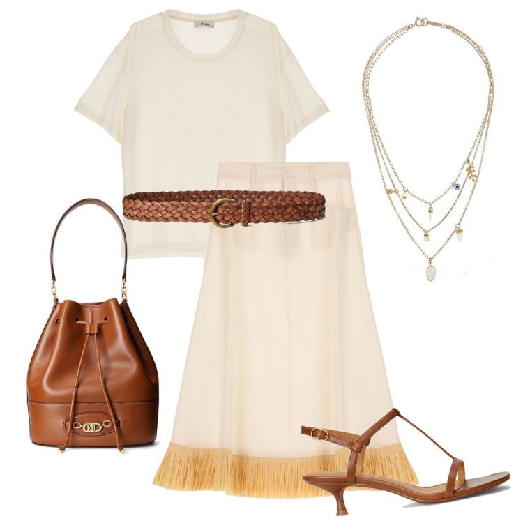 Outfit donna - Accessori in pelle. Stile Bon Ton per Ufficio. Abbinamento con gonne lunghe, t-shirt, cinture, sandali col tacco, borse a secchiello, collane.