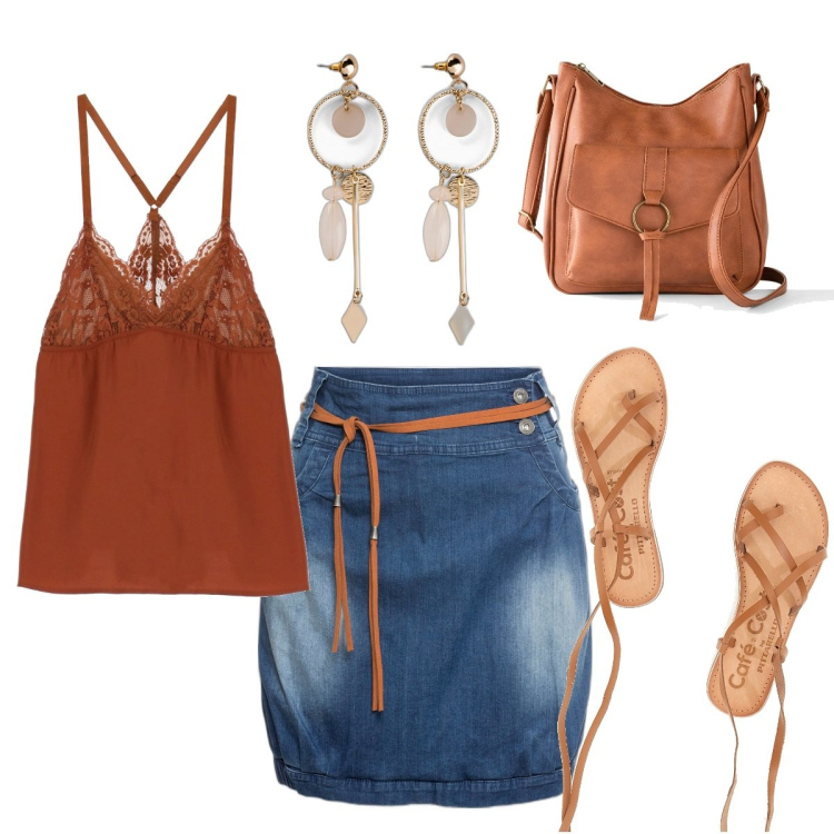 Outfit donna - Due passi. Stile Casual per Tutti i giorni. Abbinamento con minigonne, borse a tracolla, orecchini, top, sandali alla schiava.