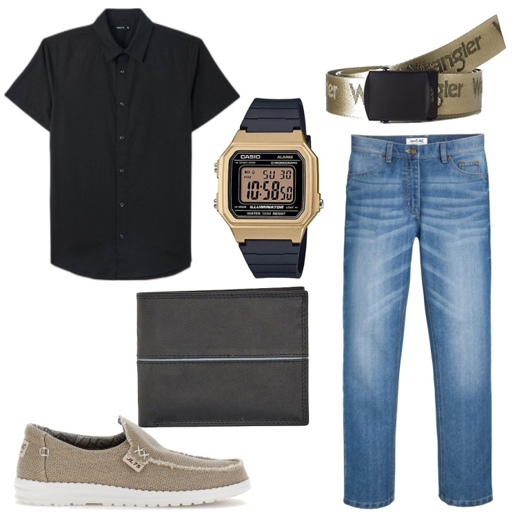 Outfit uomo - Total look #1677541. Stile Casual per Serata speciale. Abbinamento con camicie, orologi digitali, cinture, jeans, scarpe stringate, portafogli.