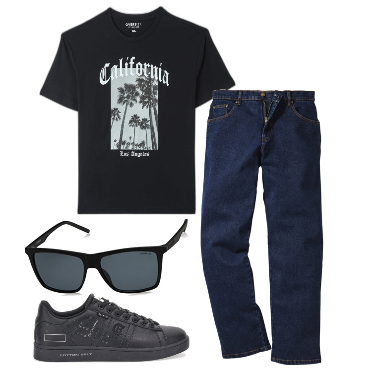 Outfit uomo - Ghost outfitter - luglio. Stile Trendy per Tutti i giorni. Abbinamento con jeans dritti, t-shirt, occhiali da sole, sneakers.