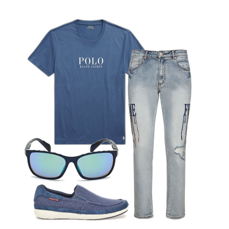 Outfit uomo - Ghost outfitter - luglio. Stile Casual per Tutti i giorni. Abbinamento con t-shirt, jeans, scarpe stringate, occhiali da sole.