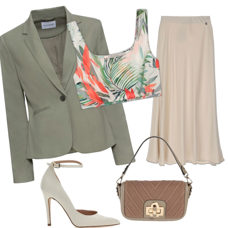 Outfit donna - Il blazer verde. Stile Casual chic per Ufficio. Abbinamento con blazer, borse a mano, canottiere, gonne longuette, décolleté.