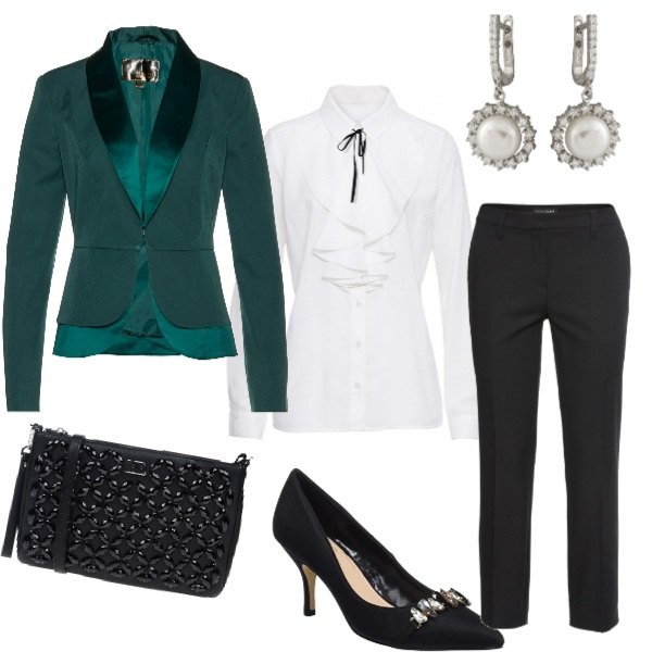 Outfit donna - Giacca verde con profili in raso. Stile Chic per Serata fuori. Abbinamento con pantaloni, blazer, camicetta aderente bianco, borsa a mano contrasto taglia media con zip interno foderato in pelle sintetica tinta unita, orecchini in argento 925 bianco, scarpe col tacco nero.