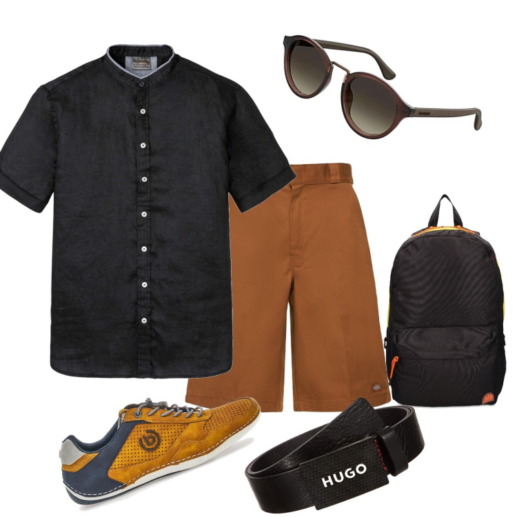 Outfit uomo - Ed ora di corsa al lavoro…. Stile Trendy per Tutti i giorni. Abbinamento con camicie a manica corta, borse sportive, occhiali da sole, shorts, scarpe stringate, cinture.
