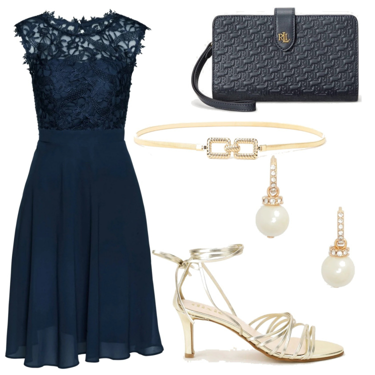 Outfit donna - Cintura dorata. Stile Chic per Cerimonia. Abbinamento con vestiti corti, cinture, sandali col tacco, pochette, orecchini.