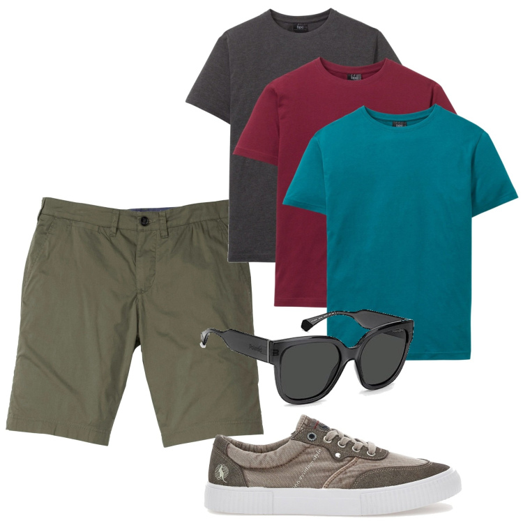 Outfit uomo - Tre colori. Stile Casual per Tutti i giorni. Abbinamento con bermuda, t-shirt, occhiali da sole, sneakers.