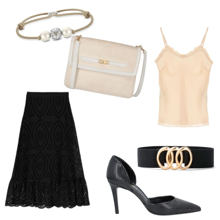 Outfit donna - Serata fuori. Stile Chic per Serata fuori. Abbinamento con cinture, décolleté, borse a tracolla, canottiere, gonne longuette, braccialetti.