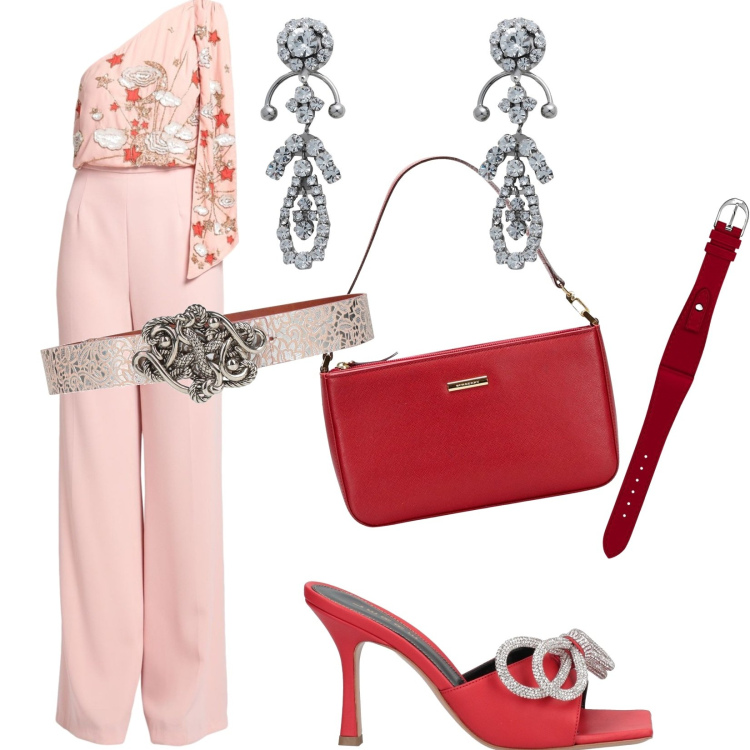 Outfit donna - Illumina la tua giornata. Stile Bon Ton per Serata fuori. Abbinamento con tute, cinture, sandali in pelle, borse a mano, orecchini, orologi.