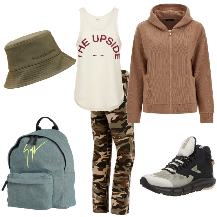 Outfit donna - Trekking in montagna. Stile Military per Sport. Abbinamento con zaini, pantaloni skinny, felpe con cappuccio, scarpe sportive, canottiere, cappelli.