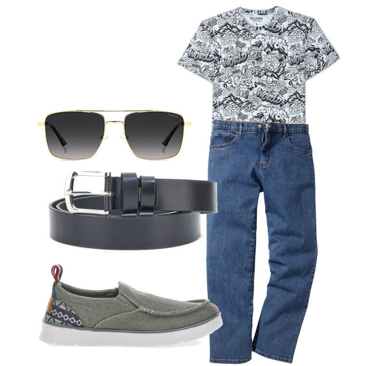 Outfit uomo - A passeggio. Stile Casual per Tutti i giorni. Abbinamento con jeans dritti, t-shirt, occhiali da sole, cinture, scarpe stringate.