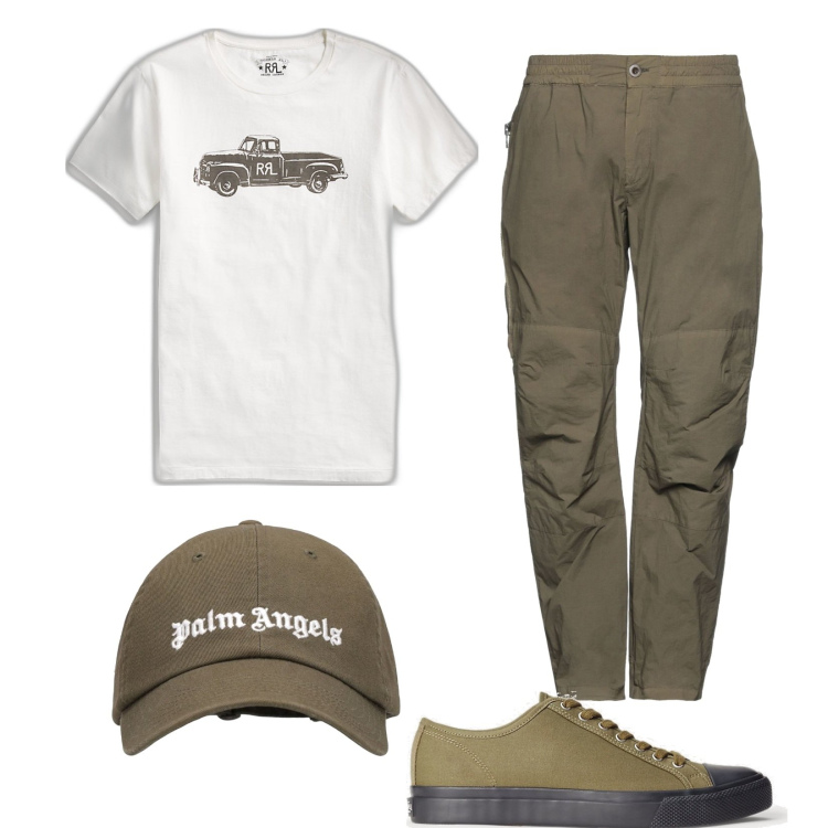 Outfit uomo - Easy in bianco e verde. Stile Casual per Tutti i giorni. Abbinamento con pantaloni, t-shirt, sneakers, cappelli.