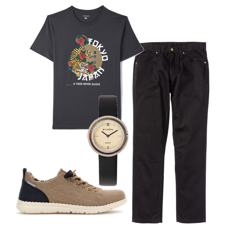 Outfit uomo - Vernissage. Stile Urban per Serata speciale. Abbinamento con pantaloni, t-shirt, orologi, sneakers.