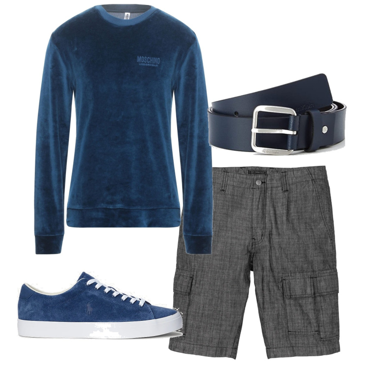 Outfit uomo - Ciniglia fine estate. Stile Casual per Serata speciale. Abbinamento con bermuda, t-shirt, sneakers, cinture.