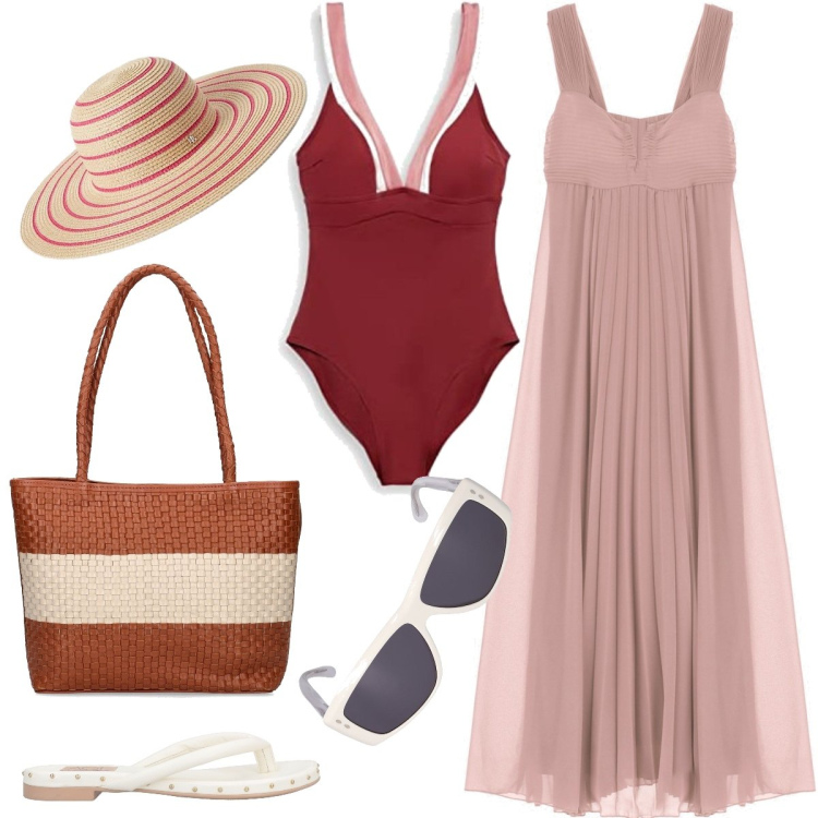 Outfit donna - Al mare. Stile Chic per Mare. Abbinamento con infradito, cappelli, vestiti lunghi, costumi interi, shopping bag, occhiali da sole.