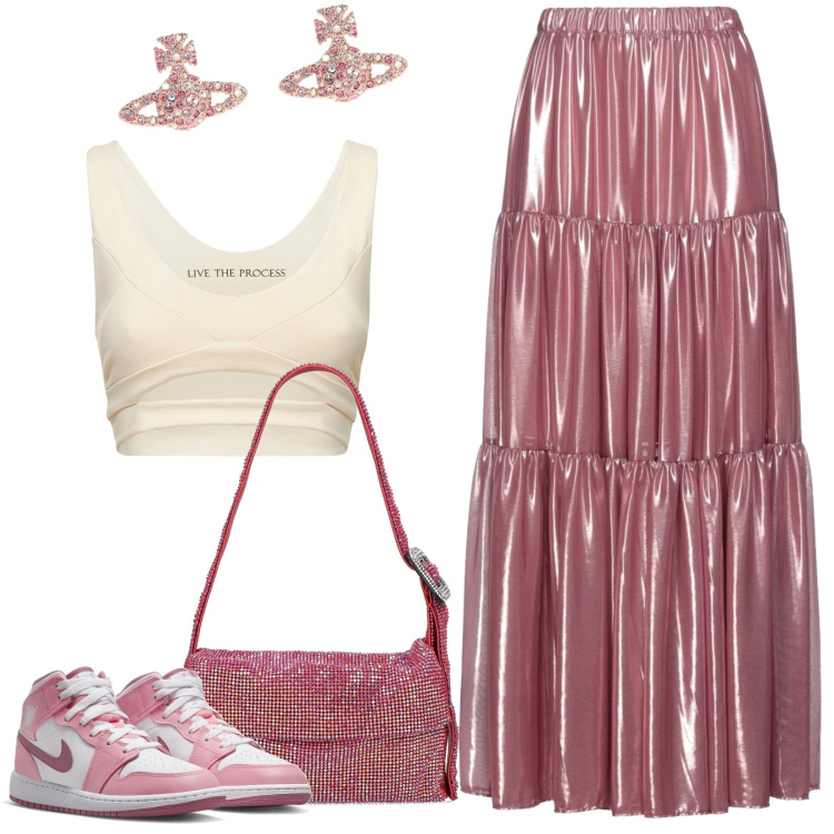 Outfit donna - Trendy in rosa. Stile Trendy per Tutti i giorni. Abbinamento con sneakers, gonne lunghe, orecchini, top, borse a spalla.