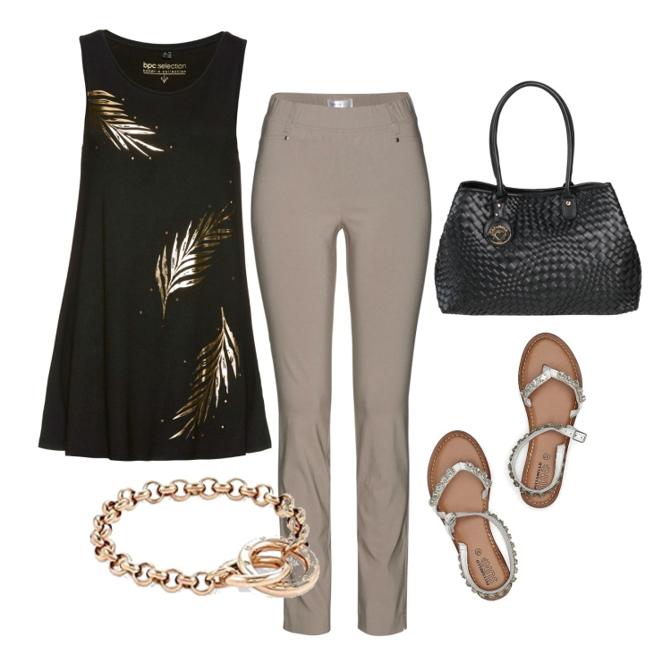 Outfit donna - Oro nero. Stile Casual chic per Ufficio. Abbinamento con top, pantaloni, borse a mano, sandali in pelle, braccialetti.