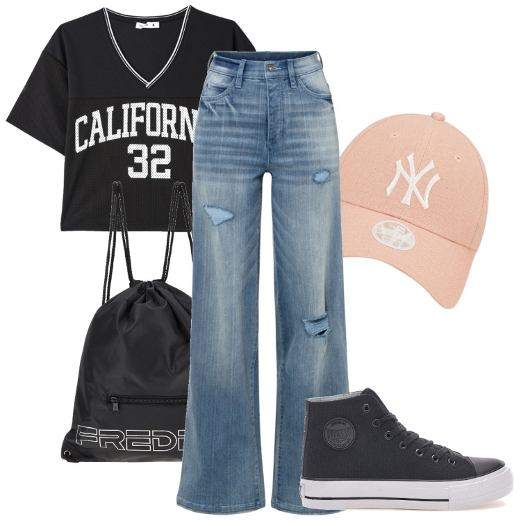 Outfit donna - A vedere la partita di basket. Stile Urban per Tutti i giorni. Abbinamento con jeans strappati, t-shirt, zaini, sneakers alte, cappelli.