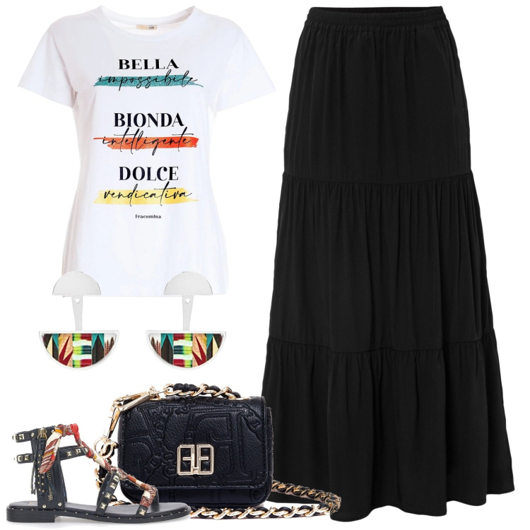 Outfit donna - Nice to meet you. Stile Basic per Tutti i giorni. Abbinamento con gonne lunghe, t-shirt, marsupi, sandali, orecchini.