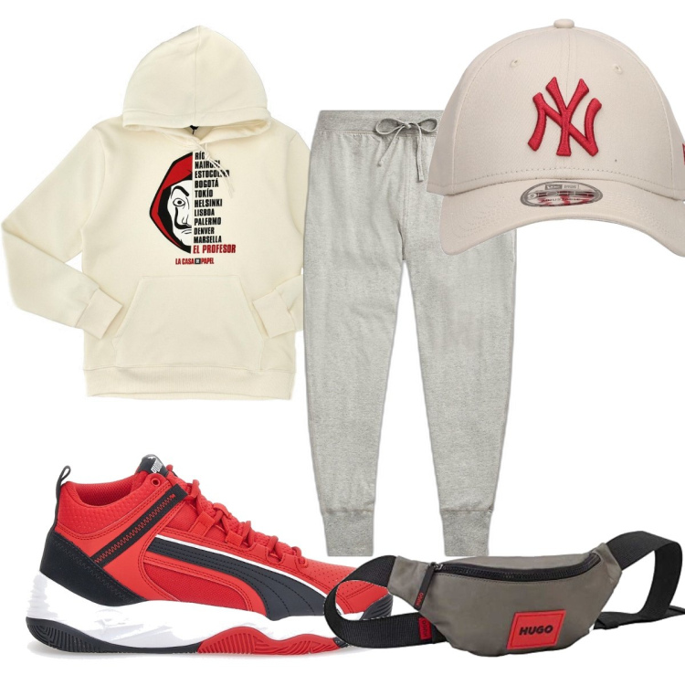 Outfit uomo - Total look #1678030. Stile Trendy per Sport. Abbinamento con pantaloni, felpe con cappuccio, sneakers, cappelli con visiera, borse sportive.
