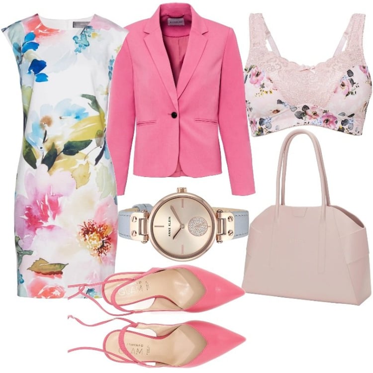 Outfit donna - Stampe a fiori grandi e molto colorate. Stile Chic per Ufficio. Abbinamento con reggiseni, vestiti a tubino, blazer, décolleté, borse a spalla, orologi.
