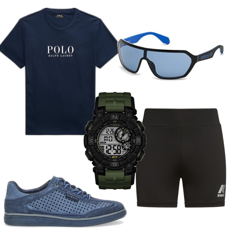 Outfit uomo - Total look #1678034. Stile Trendy per Sport. Abbinamento con t-shirt, sneakers, shorts, occhiali da sole, orologi digitali.