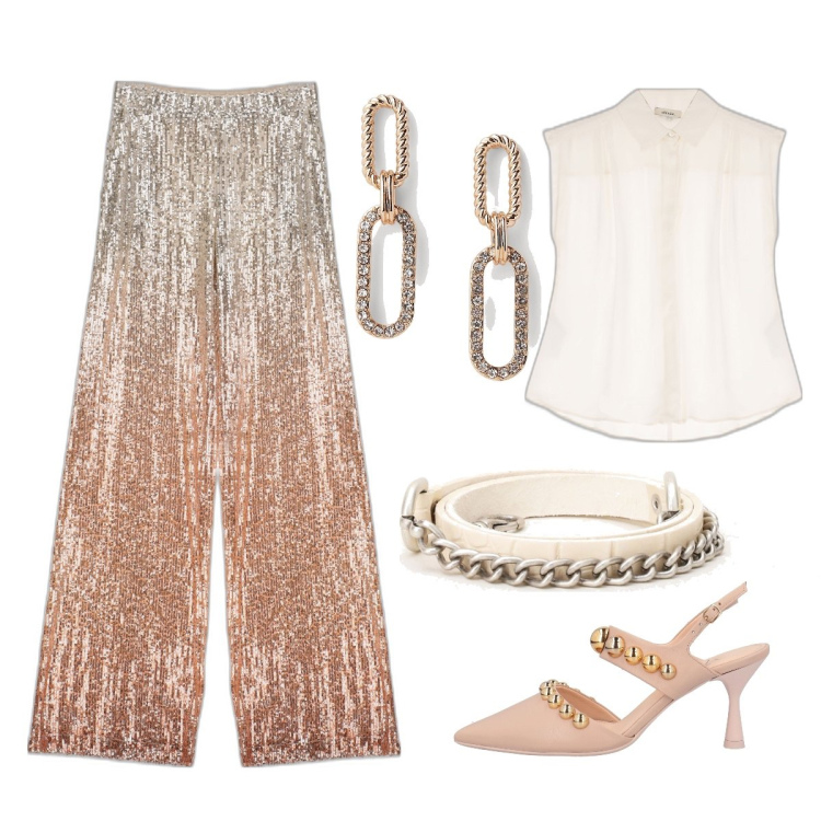 Outfit donna - Scintille. Stile Casual chic per Serata fuori. Abbinamento con décolleté, pantaloni a palazzo, camicie, cinture, orecchini.
