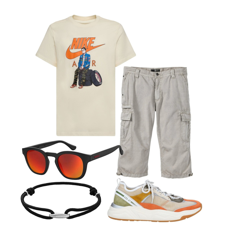Outfit uomo - Ghost outfitter - luglio. Stile Trendy per Tutti i giorni. Abbinamento con bermuda, sneakers, braccialetti, t-shirt, occhiali da sole.