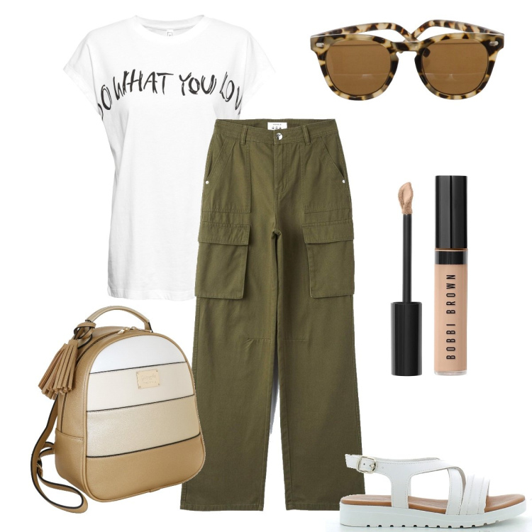 Outfit donna - Do what you love. Stile Casual per Tutti i giorni. Abbinamento con maglieria, pantaloni cargo, sandali in pelle, correttori, zaini, occhiali da sole.
