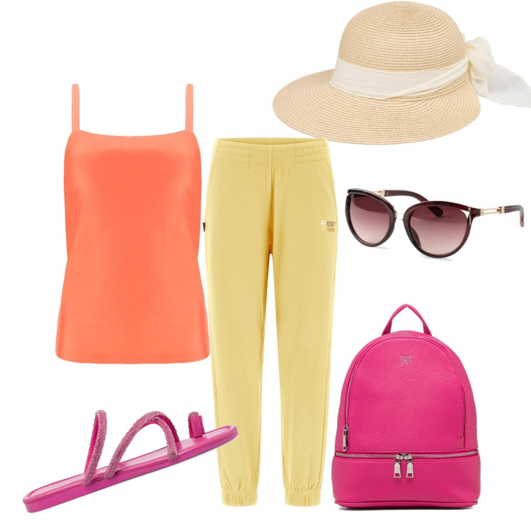 Outfit donna - Che colori!!. Stile Minimal per Mare. Abbinamento con occhiali da sole, canottiere, pantaloni, zaini, infradito, cappelli.