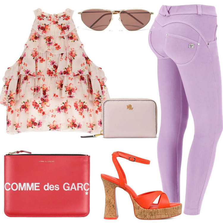 Outfit donna - Arancio e viola. Stile Sporty chic per Tutti i giorni. Abbinamento con pochette, occhiali da sole, canottiere, pantaloni skinny, portafogli, sandali in pelle.