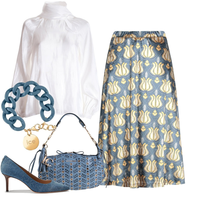 Outfit donna - Eleganza attuale. Stile Chic per Ufficio. Abbinamento con gonne longuette, borse a spalla, bluse, décolleté, braccialetti.