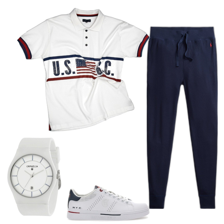 Outfit uomo - I pantaloni Polo in saldo. Stile Casual per Sport. Abbinamento con pantaloni, orologi, polo, sneakers.