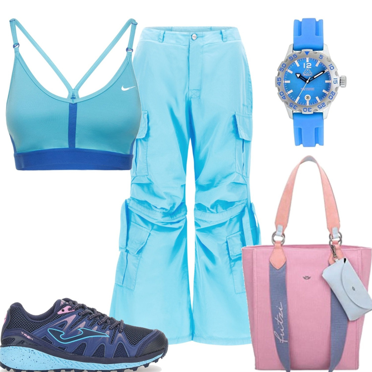 Outfit donna - In palestra. Stile Sporty chic per Sport. Abbinamento con pantaloni cargo, scarpe sportive, borse sportive, top, orologi analogici.