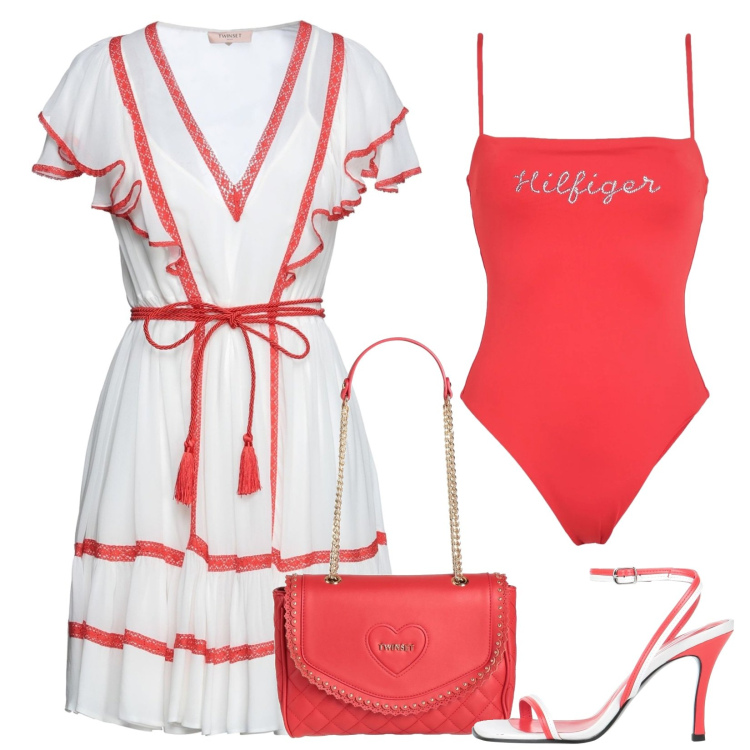 Outfit donna - Un tuffo e un aperitivo. Stile Chic per Serata fuori. Abbinamento con vestiti corti, costumi interi, sandali in pelle, borse a mano.