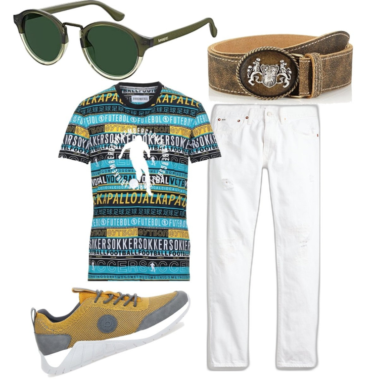 Outfit uomo - Eterni jeans bianchi. Stile Trendy per Ufficio. Abbinamento con t-shirt, jeans, sneakers, cinture, occhiali da sole.