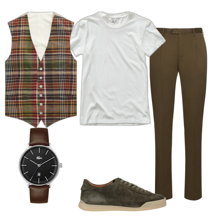 Outfit uomo - Il gilet alla Bruno Barbieri. Stile Casual per Tutti i giorni. Abbinamento con sneakers, t-shirt, gilet, pantaloni, orologi analogici.