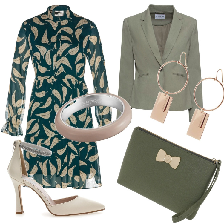 Outfit donna - Aspettando l\'Autunno. Stile Romantica per Ufficio. Abbinamento con blazer, vestiti, pochette, décolleté, anelli, orecchini.