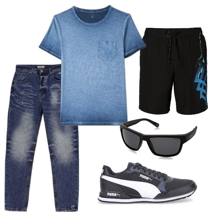 Outfit uomo - Di corsa in vacanza. Stile Trendy per Tutti i giorni. Abbinamento con costumi, t-shirt, jeans dritti, occhiali da sole, sneakers alte.
