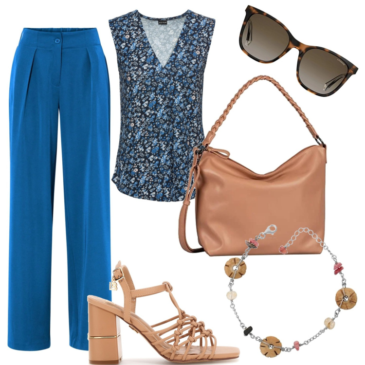 Outfit donna - Con la mia migliore amica. Stile Basic per Tutti i giorni. Abbinamento con top, pantaloni, borse a tracolla, sandali col tacco, braccialetti, occhiali da sole.