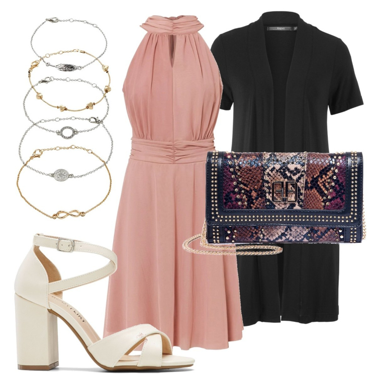 Outfit donna - Total look #1678396. Stile Chic per Serata fuori. Abbinamento con cardigans, braccialetti con ciondoli, vestiti, sandali col tacco, pochette.