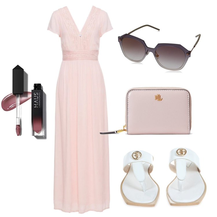 Outfit donna - L’abito romano. Stile Bon Ton per Tutti i giorni. Abbinamento con vestiti lunghi, infradito, portafogli, occhiali da sole, gloss.