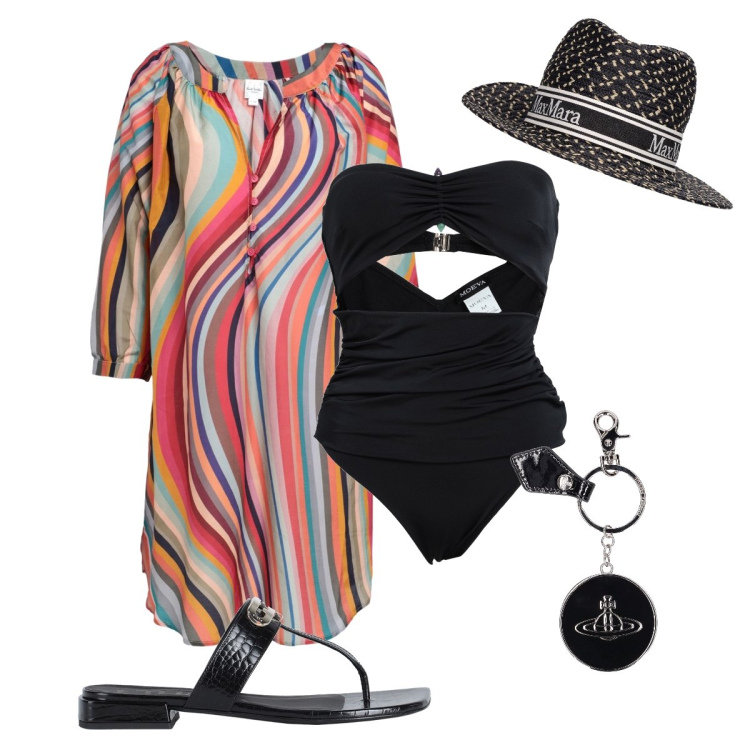 Outfit donna - Il nero e le strisce. Stile Chic per Mare. Abbinamento con infradito, costumi interi, vestiti da spiaggia, portachiavi, cappelli.
