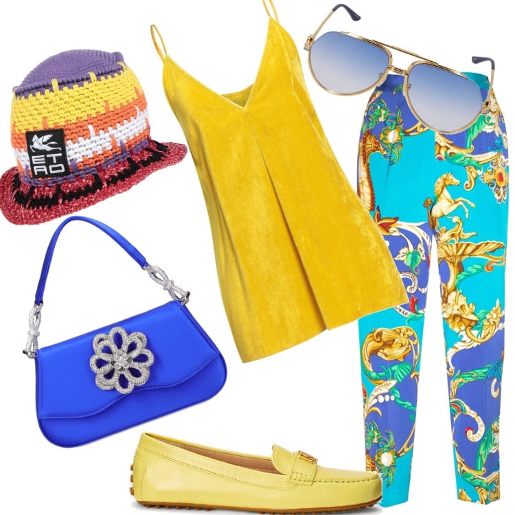 Outfit donna - Di giorno. Stile Casual per Ufficio. Abbinamento con pantaloni, cappelli, top, mocassini, borse a mano, occhiali da sole.