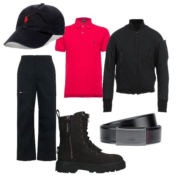 Outfit uomo - look guardia di sicurezza. Abbinamento con giacche, stivali e stivaletti, cappelli, polo, cinture, pantaloni.