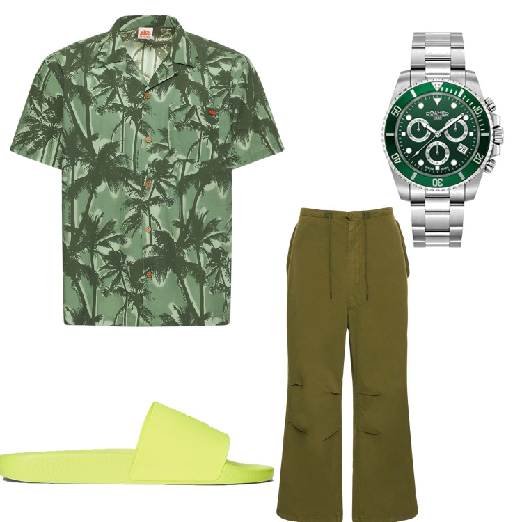 Outfit uomo - Green collection. Stile Casual per Mare. Abbinamento con sandali, camicie, orologi, pantaloni.