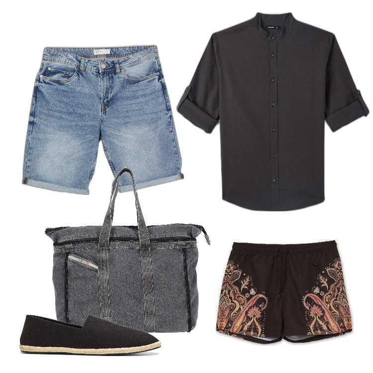 Outfit uomo - Total look #1678543. Stile Casual per Mare. Abbinamento con espadrillas, borse sportive, camicie, bermuda, costumi.