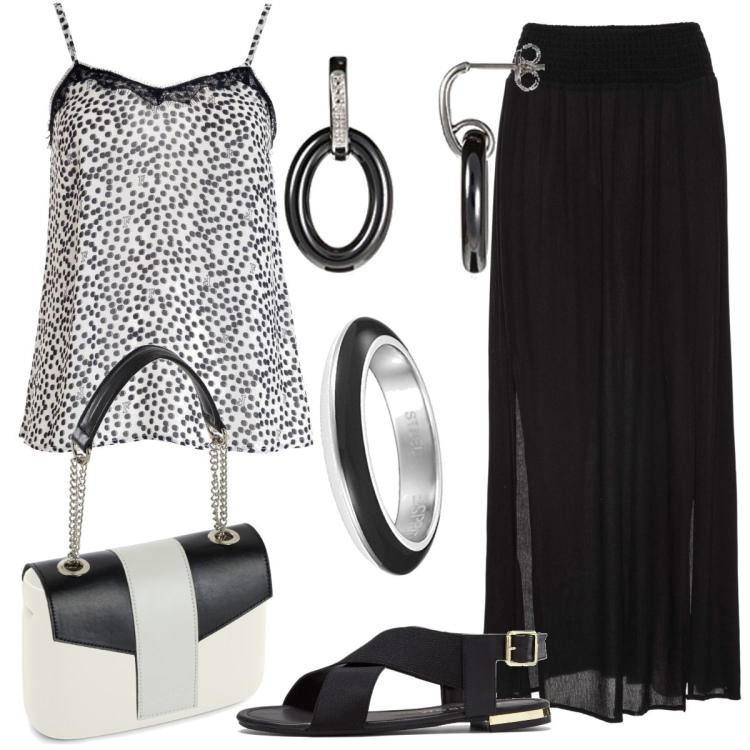 Outfit donna - Total look #1678552. Stile Trendy per Serata fuori. Abbinamento con gonne lunghe, sandali, top, borse a spalla, anelli, orecchini.